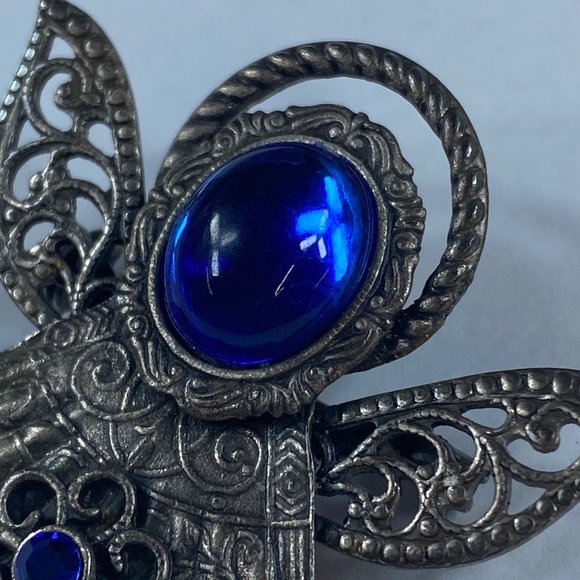 Angel Pin Brooch KC Dark Silver Tone Blue Stones Floral Accent Rhinestone Metal - Picture 4 of 12